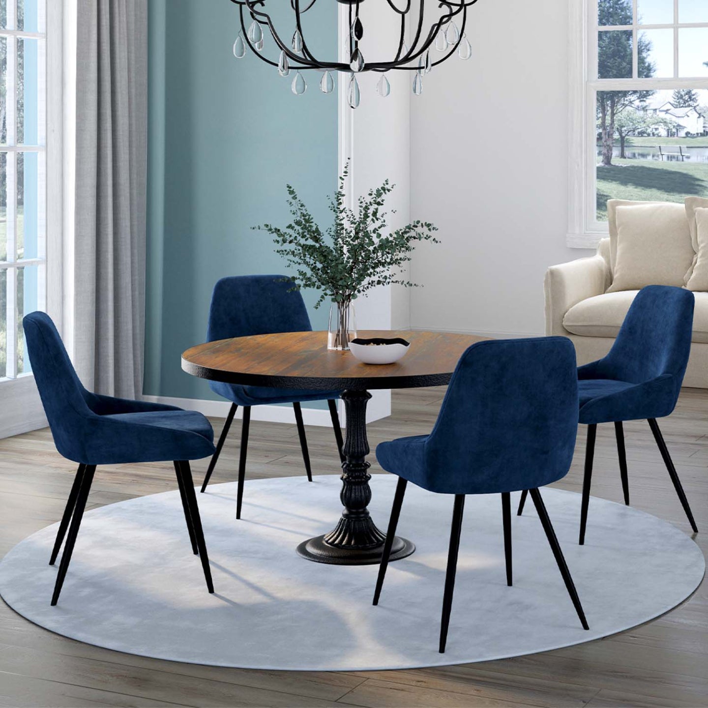 IDMarket - Set di 4 sedie THALYA in velluto blu con braccioli