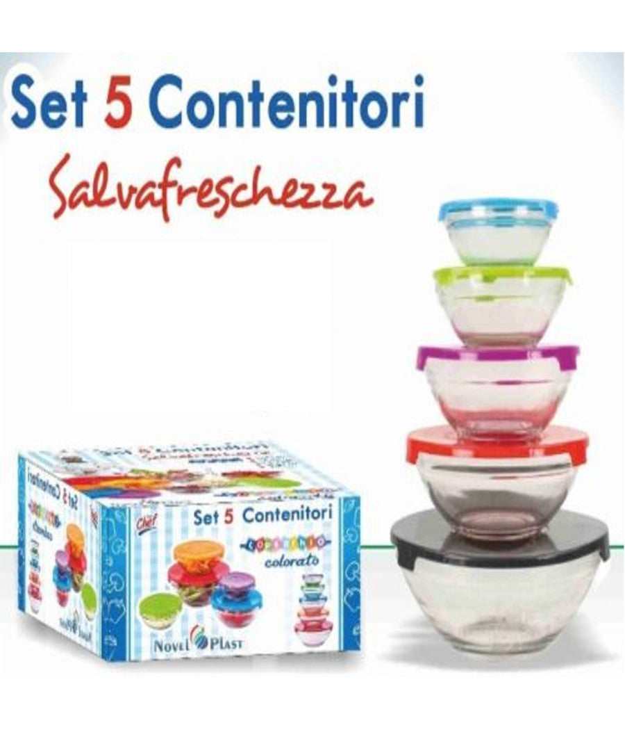 Set Di 5 Contenitori Frigo Vetro Per Alimenti Con Coperchio Colorato         