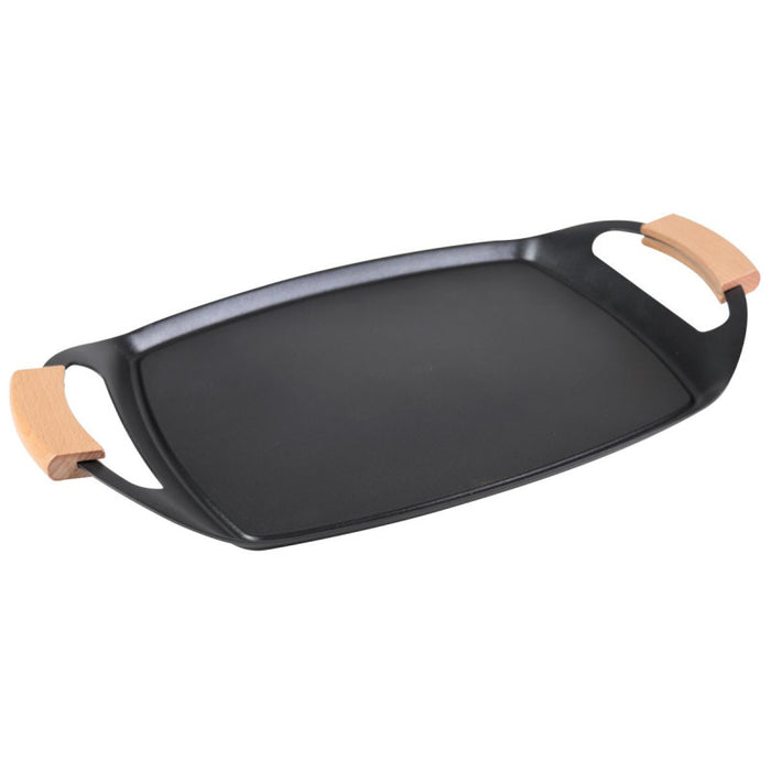 Set di 6 Bistecchiere Ovale 47x28 Cm Alluminio Pressofuso Manici Inserto Legno