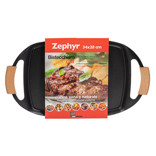 Set di 6 Bistecchiere Ovale 47x28 Cm Alluminio Pressofuso Manici Inserto Legno