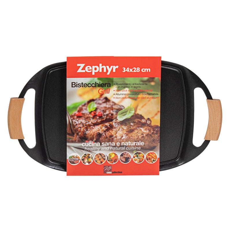 Set di 6 Bistecchiere Ovale 47x28 Cm Alluminio Pressofuso Manici Inserto Legno