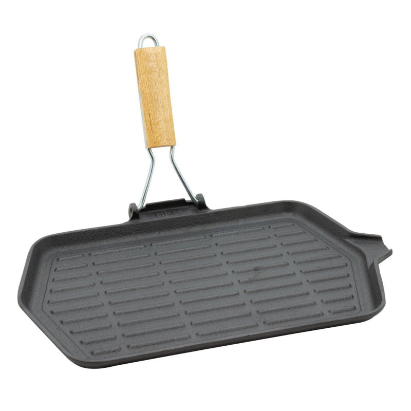 Set di 6 Bistechiere In Ghisa Rettangolare Cm 36x22 Manico Pieghevole Inserto Legno