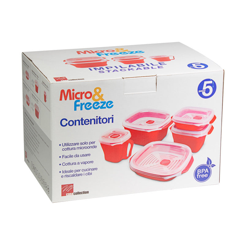 Set di 6 confezioni 5 Contenitori Micro & Freezer Rossi (2x)600 Ml-1,1 1,5 2,6 Lt