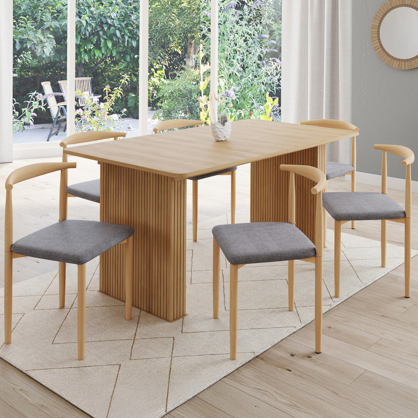 IDMarket - Set di 6 sedie da pranzo NOE in finto legno con sedute in tessuto grigio chiaro