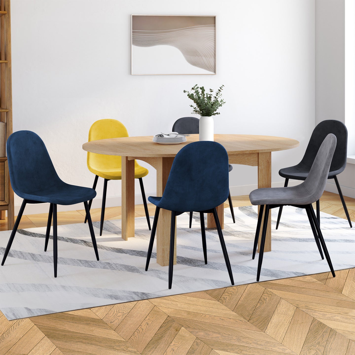 IDMarket - Set di 6 sedie DALI in velluto misto blu, grigio scuro, grigio chiaro e giallo