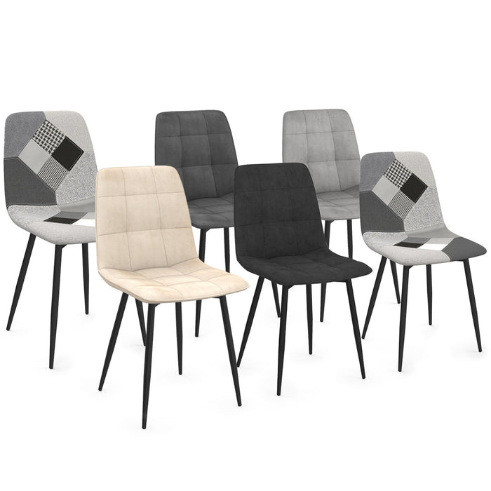 IDMarket - Set di 6 sedie MILA in velluto grigio scuro, grigio chiaro, beige e nero e patchwork nero, grigio e bianco x2 per la sala da pra