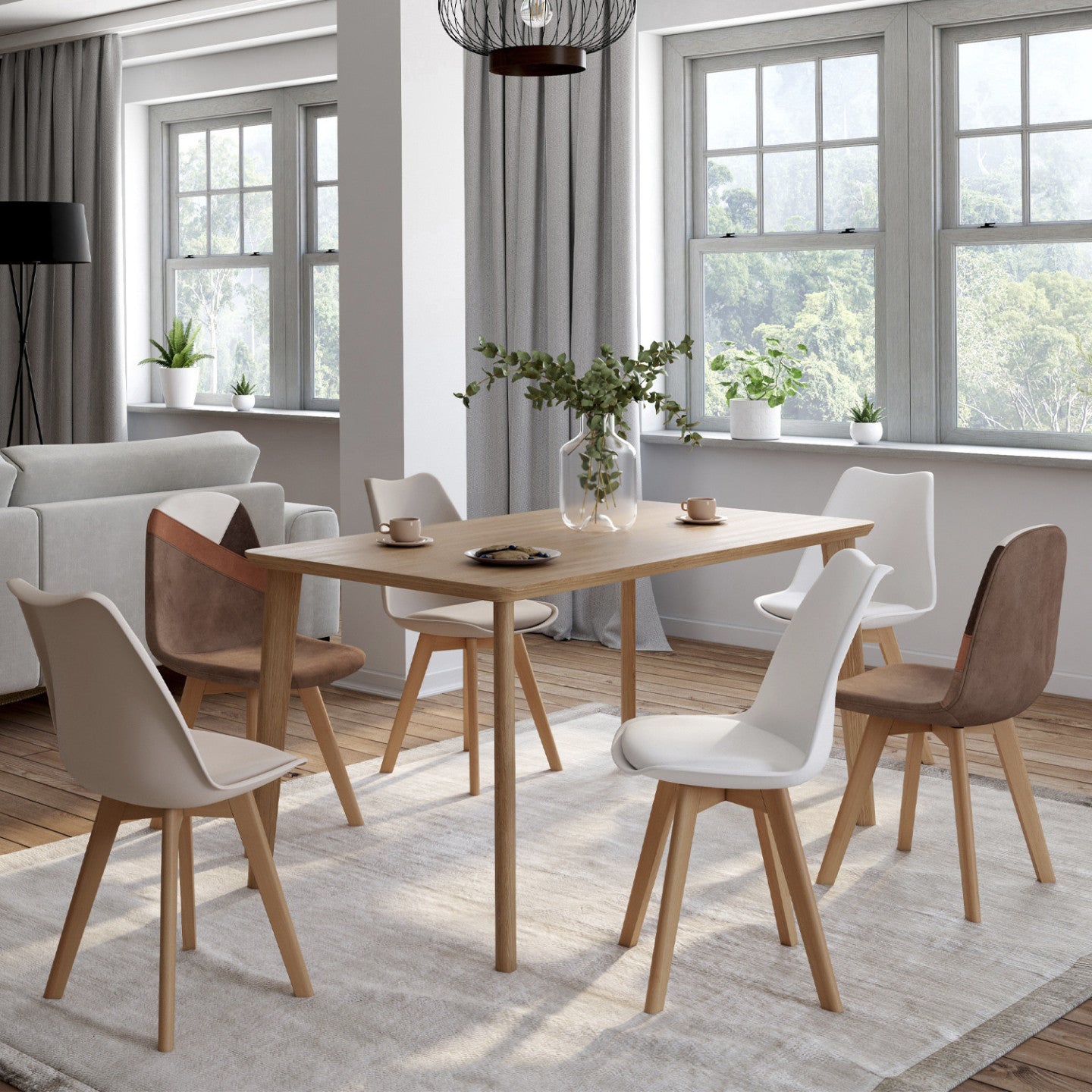 IDMarket - Set di 6 sedie scandinave SARA beige e bianche con velluto patchwork marrone e beige