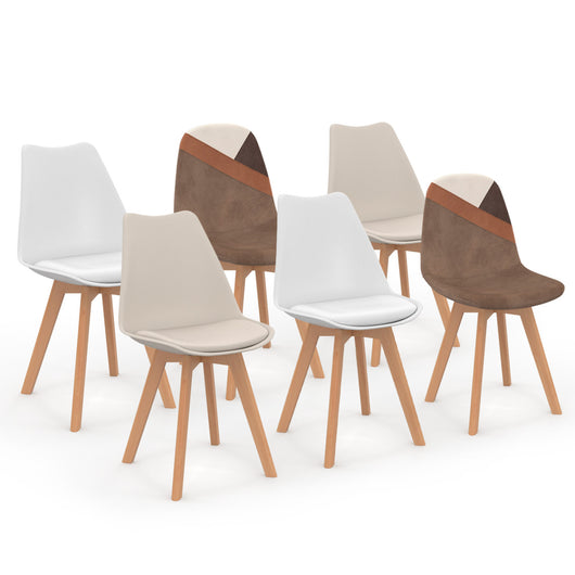 IDMarket - Set di 6 sedie scandinave SARA beige e bianche con velluto patchwork marrone e beige