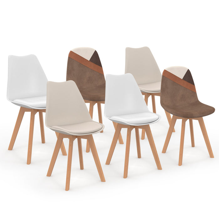 IDMarket - Set di 6 sedie scandinave SARA beige e bianche con velluto patchwork marrone e beige