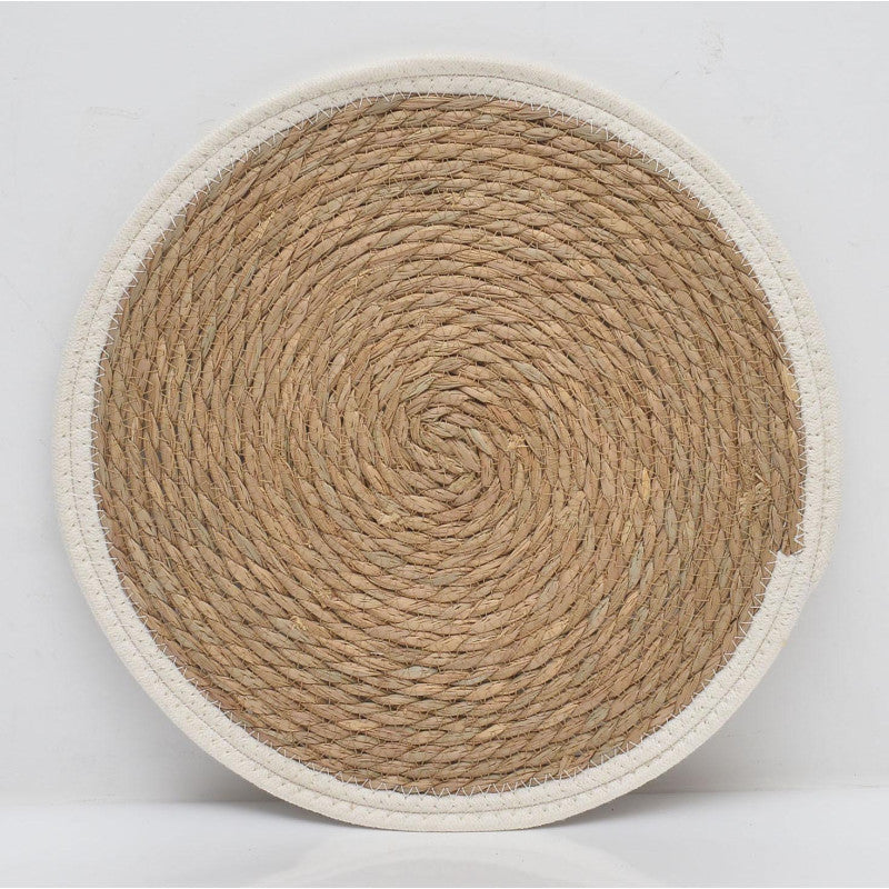 Set di 6 Tovagliette Tammy ø38 In Corda Di Paglia Naturale E Bordo In Cotone Bianco