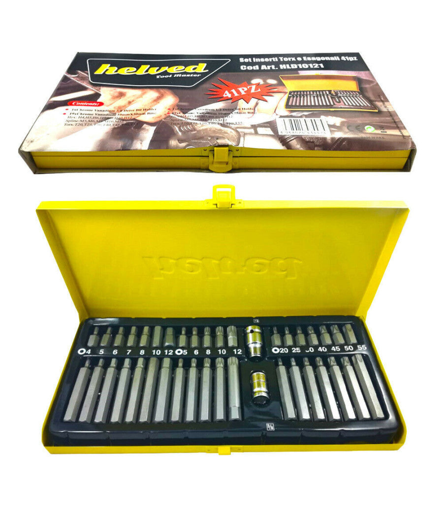 Set Di Chiavi Inserti 41 Pezzi Torx Esagonali E Mille Righe + 2 Adattatori         