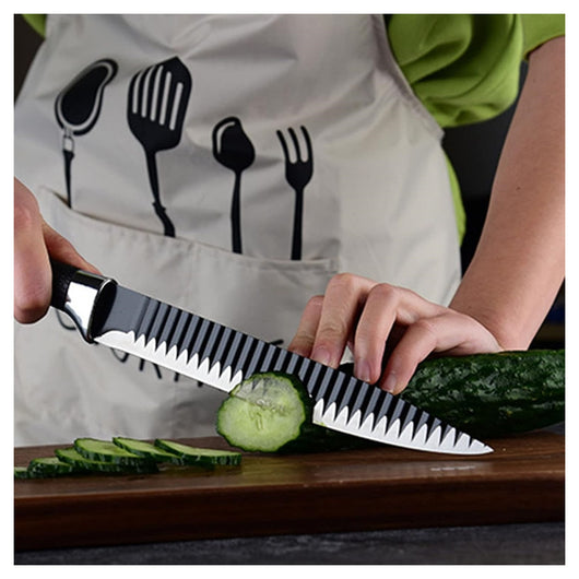 Trade Shop - Set Di Coltelli Da Cucina In Acciaio 6pz Manico In Silicone Con Motivo Ondulato Nero -