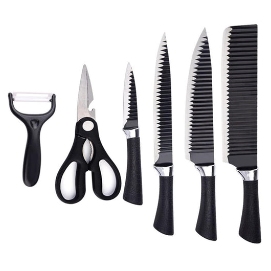 Trade Shop - Set Di Coltelli Da Cucina In Acciaio 6pz Manico In Silicone Con Motivo Ondulato Nero -