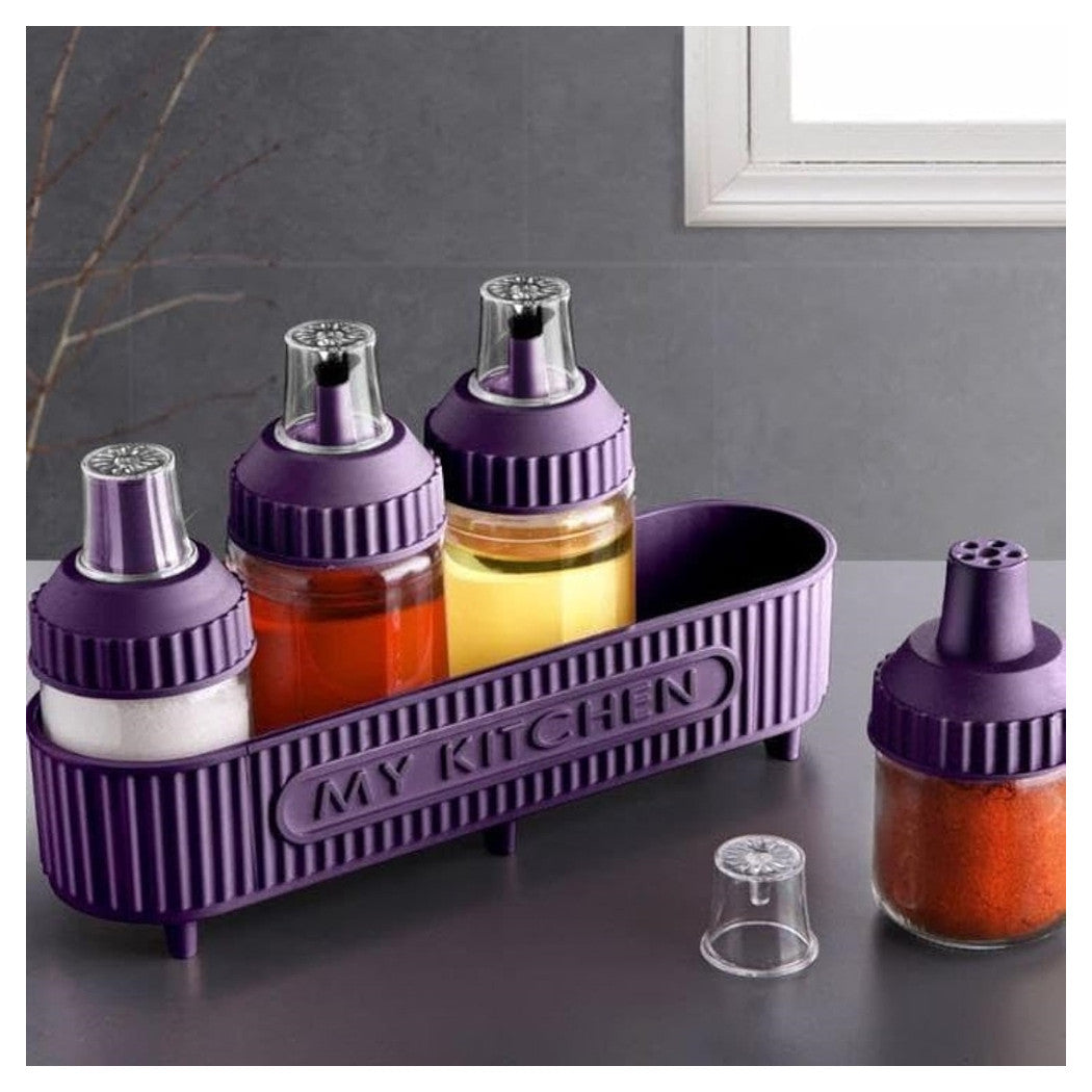 Trade Shop - Set Di Contenitori Spezie Oli Con Stand Viola 5pz Cucina Per Conservare Cucinare Condire -