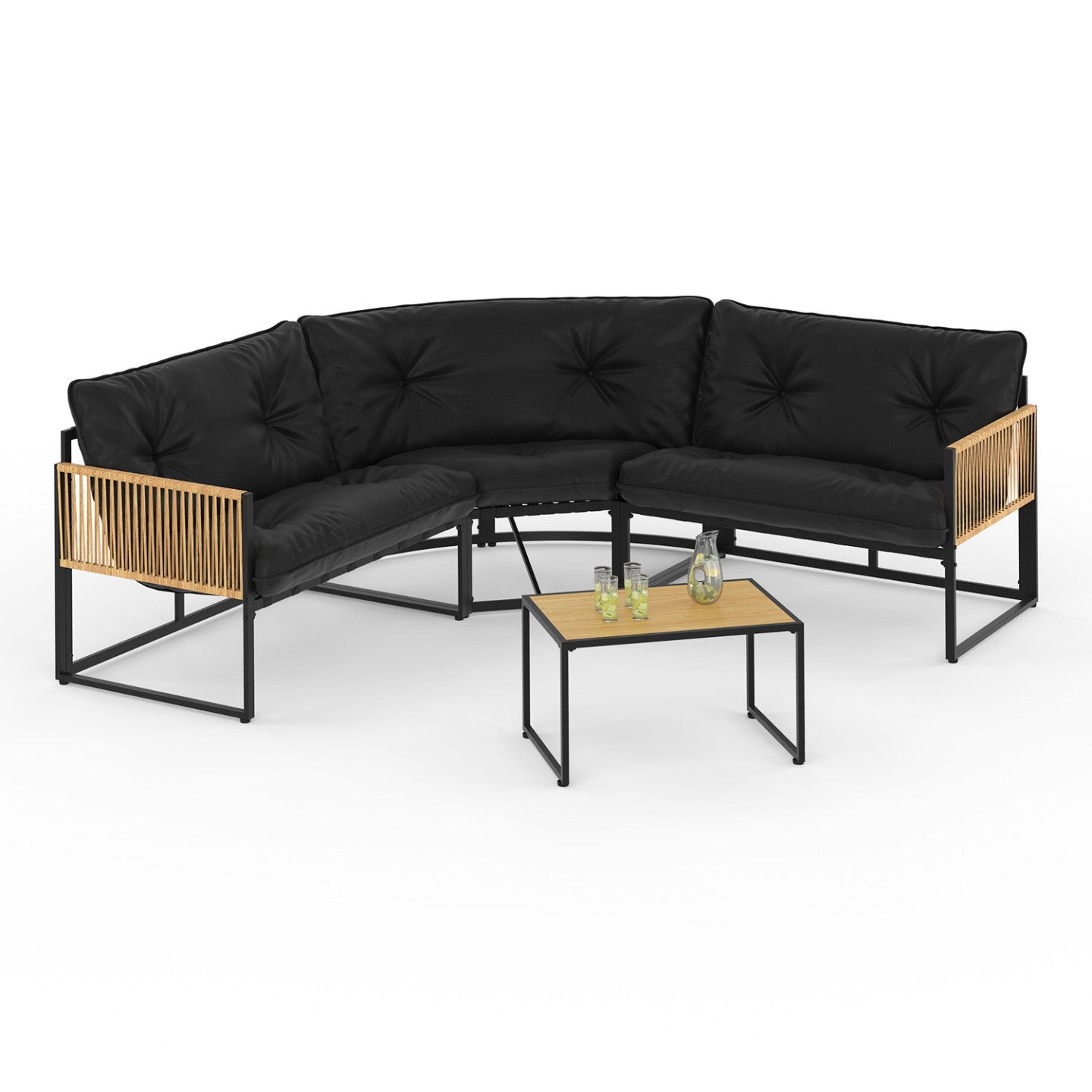 IDMarket - Set di mobili da giardino bassi RIO a 6 posti con struttura in metallo e corde effetto rattan e cuscini neri