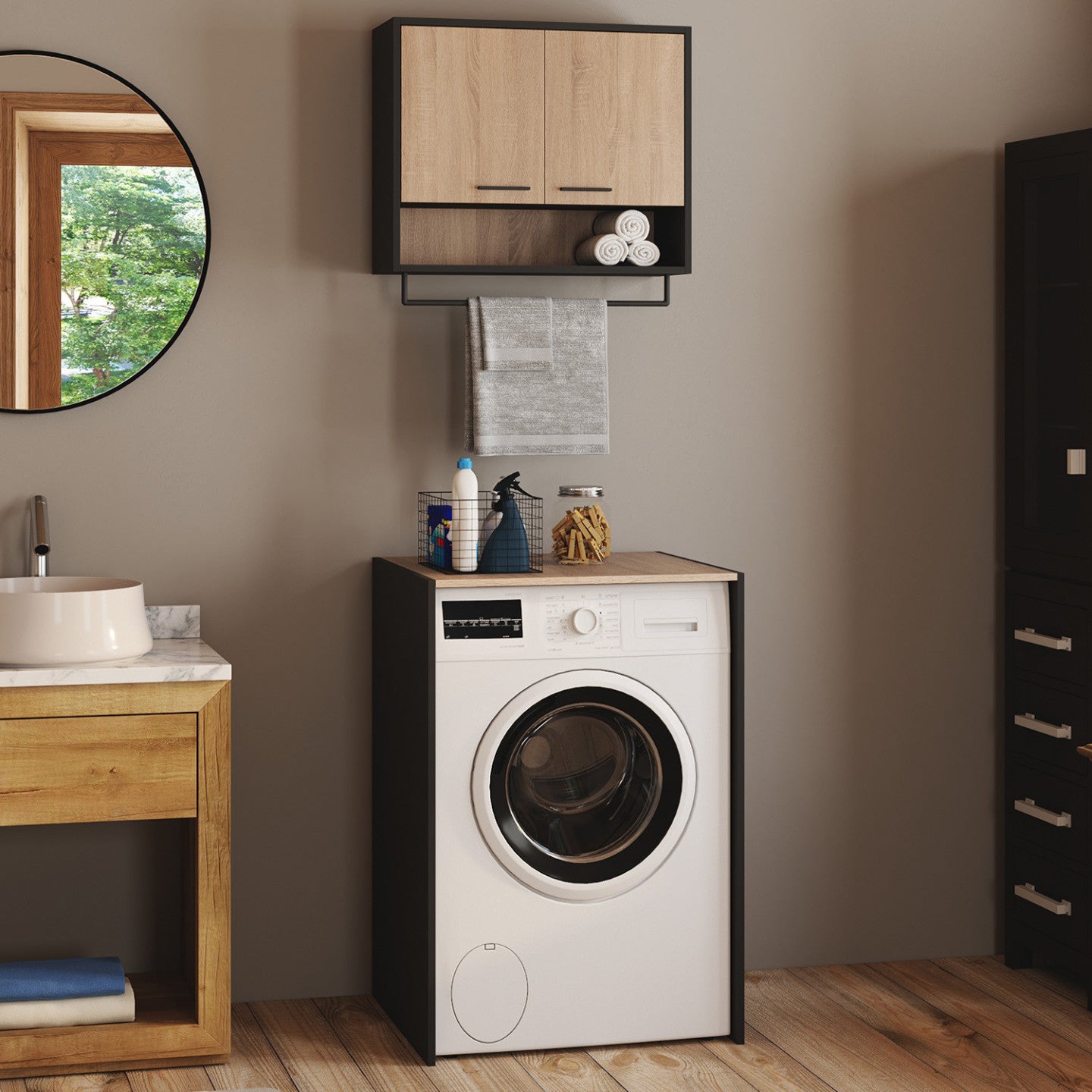IDMarket - Set di mobili per lavanderia in legno nero e faggio WALLIS per lavatrice