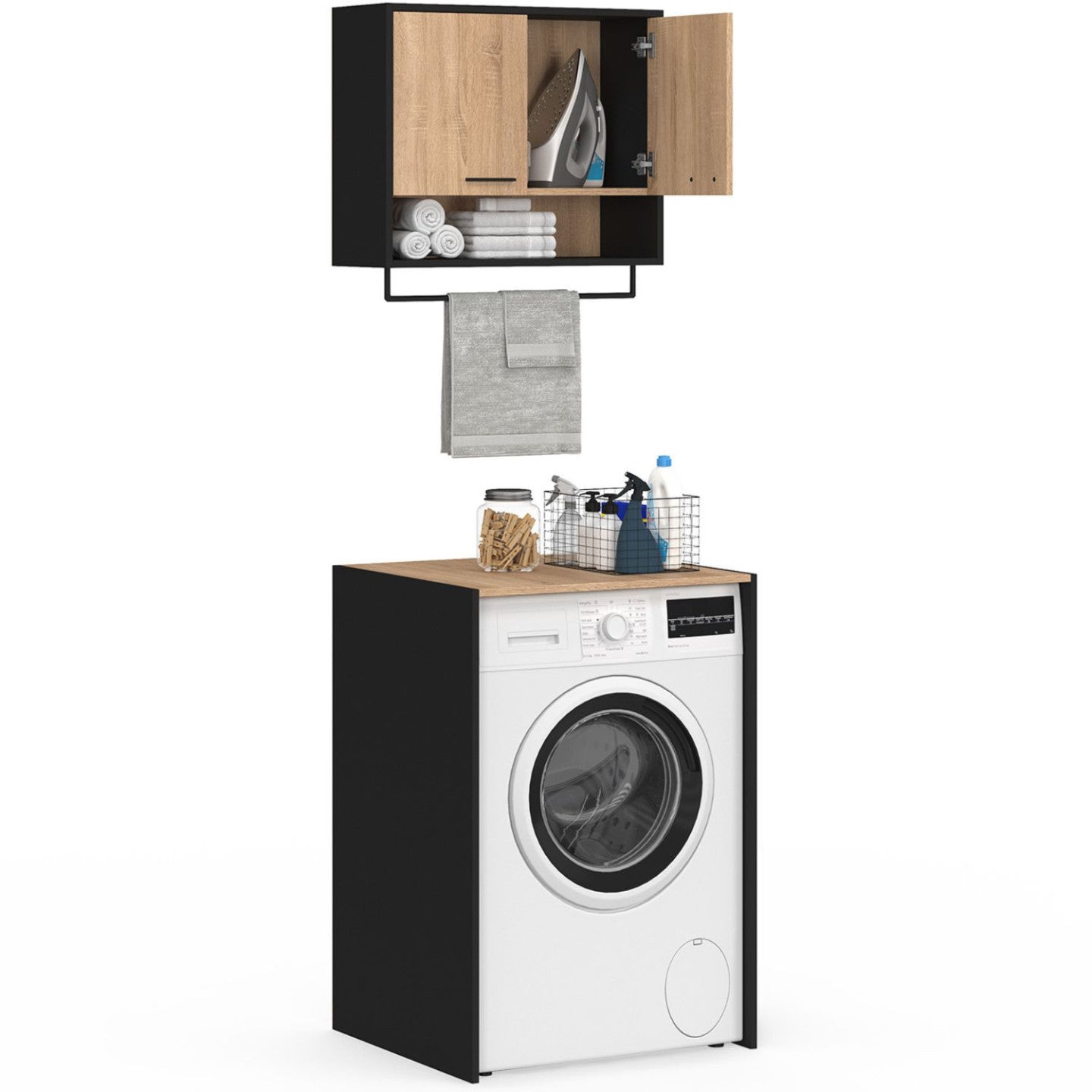 IDMarket - Set di mobili per lavanderia in legno nero e faggio WALLIS per lavatrice