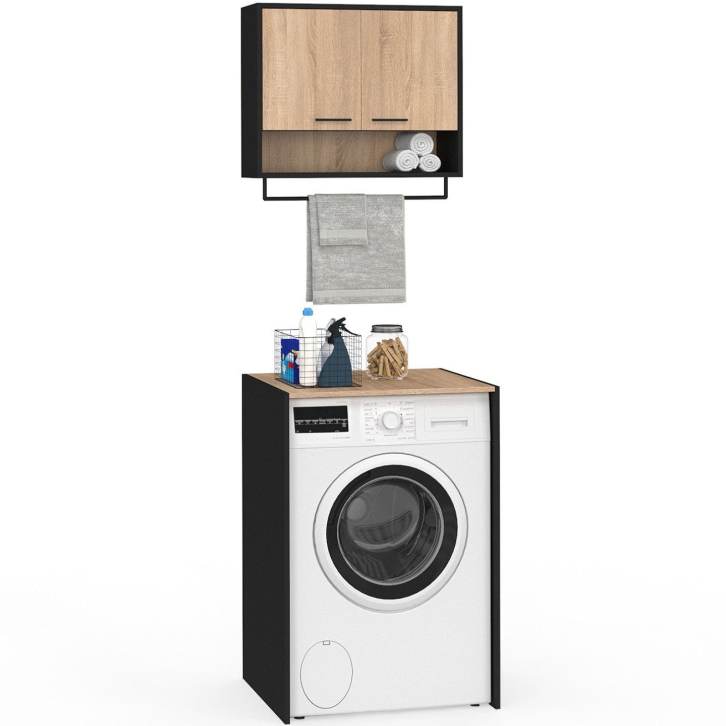 IDMarket - Set di mobili per lavanderia in legno nero e faggio WALLIS per lavatrice