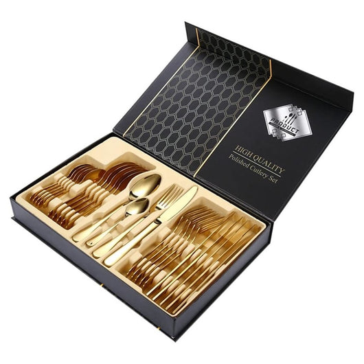 Trade Shop - Set Di Posate 24pz In Acciaio Lucidatura A Specchio Multiuso Casa Cucina Servizio Per 6 - Oro