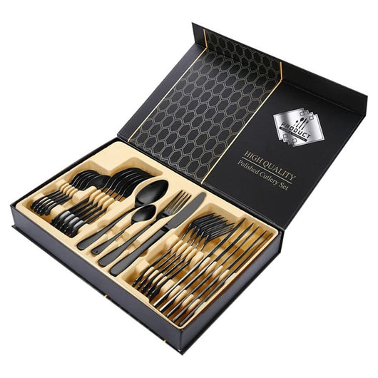 Trade Shop - Set Di Posate 24pz In Acciaio Lucidatura A Specchio Multiuso Casa Cucina Servizio Per 6 - Nero