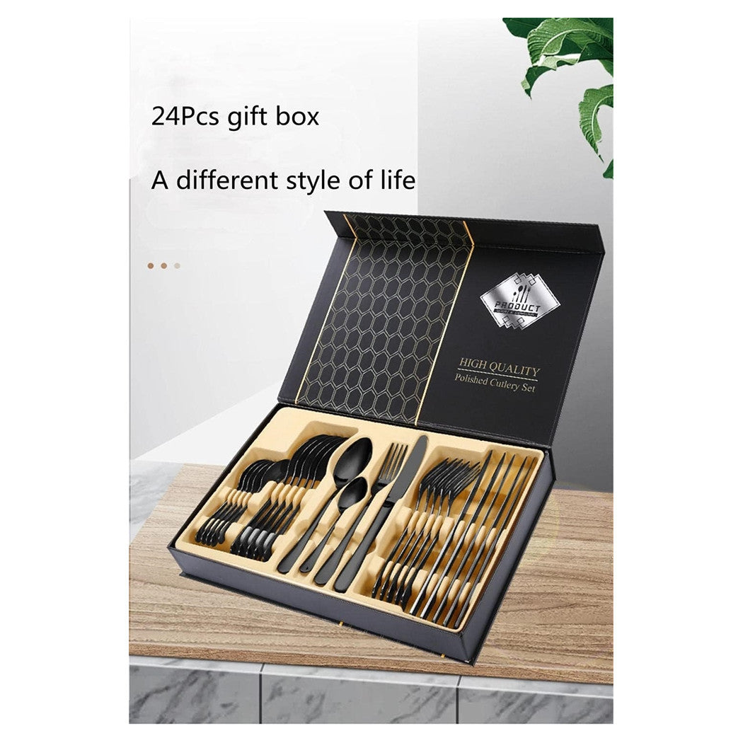 Trade Shop - Set Di Posate 24pz In Acciaio Lucidatura A Specchio Multiuso Casa Cucina Servizio Per 6 - Nero