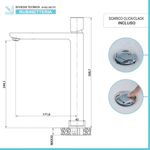 Set di rubinetti lavabo alto e bidet con manopola e scarico incluso Lotus