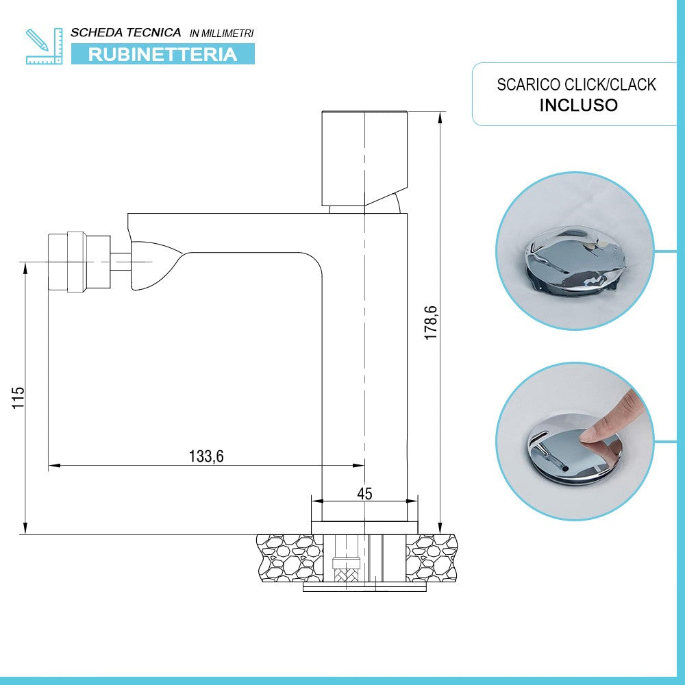 Set di rubinetti lavabo alto e bidet con manopola e scarico incluso Lotus