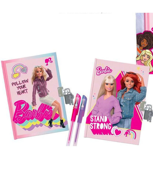 Set Diari Segreti Barbie Con Lucchetto E Chiavi Penne Gel Glitterate Colorate         