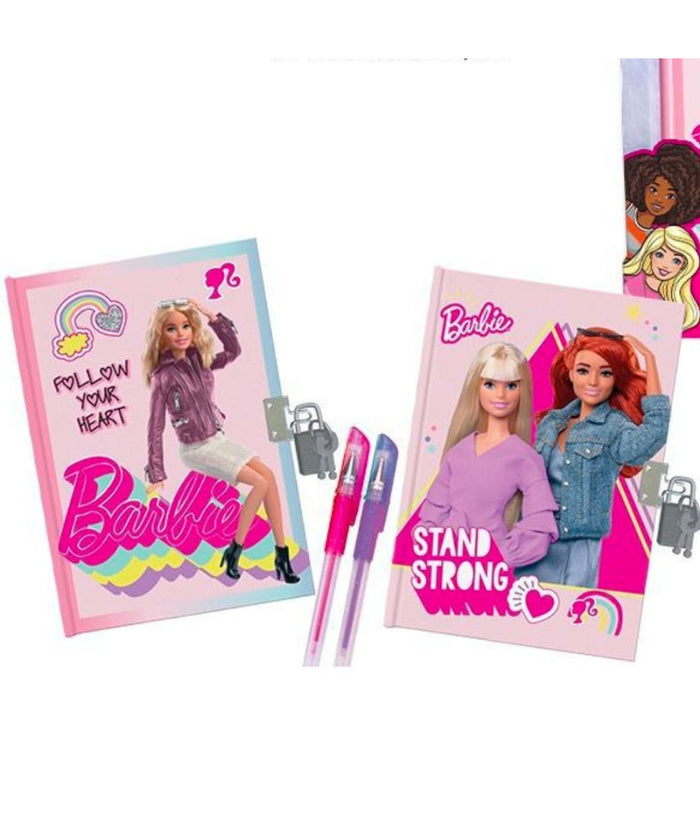 Set Diari Segreti Barbie Con Lucchetto E Chiavi Penne Gel Glitterate Colorate         