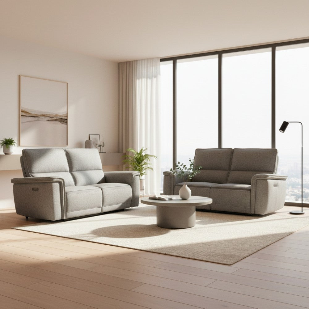 Set divani recliner elettrici Velveta 3 posti + 2 posti tessuto grigio