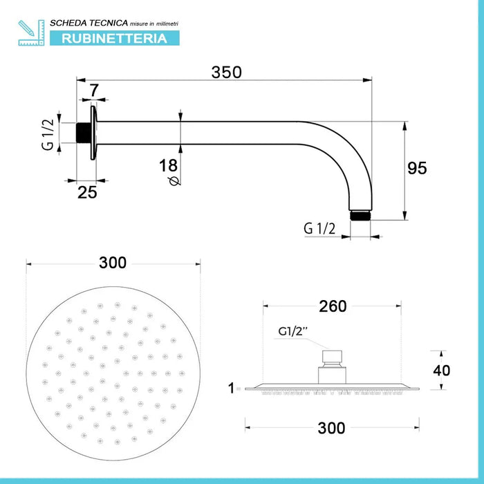 Set doccia con braccio 35 cm e soffione 30 cm in inox nero opaco