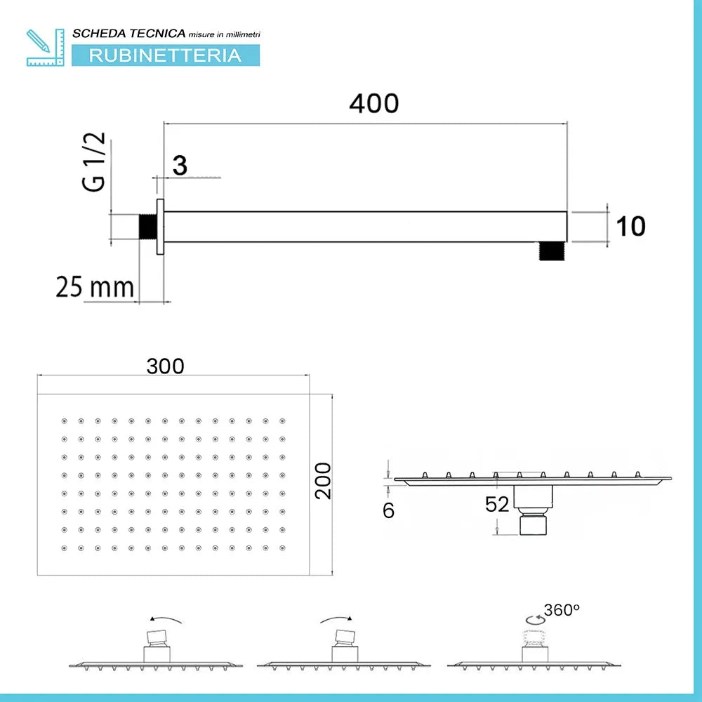 Set doccia con braccio 40 cm e soffione 30x20 cm in inox nero opaco