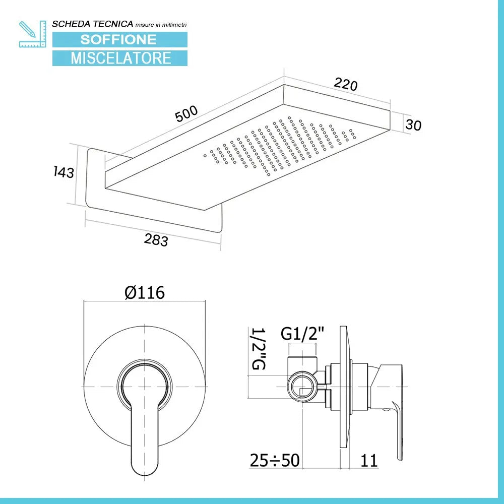 Set doccia con miscelatore Paffoni Blu e soffione a sbalzo 22x50 cm