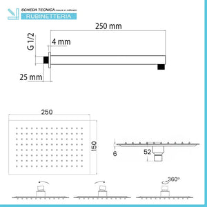 Set doccia cromato con braccio soffione rettangolare 25x15 e kit doccia