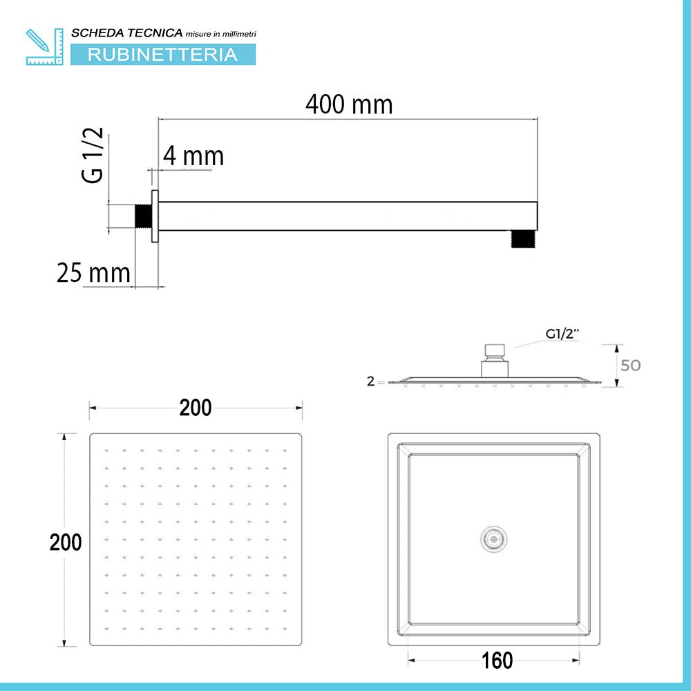Set doccia da incasso con soffione 20 cm e kit doccia completo Lotus