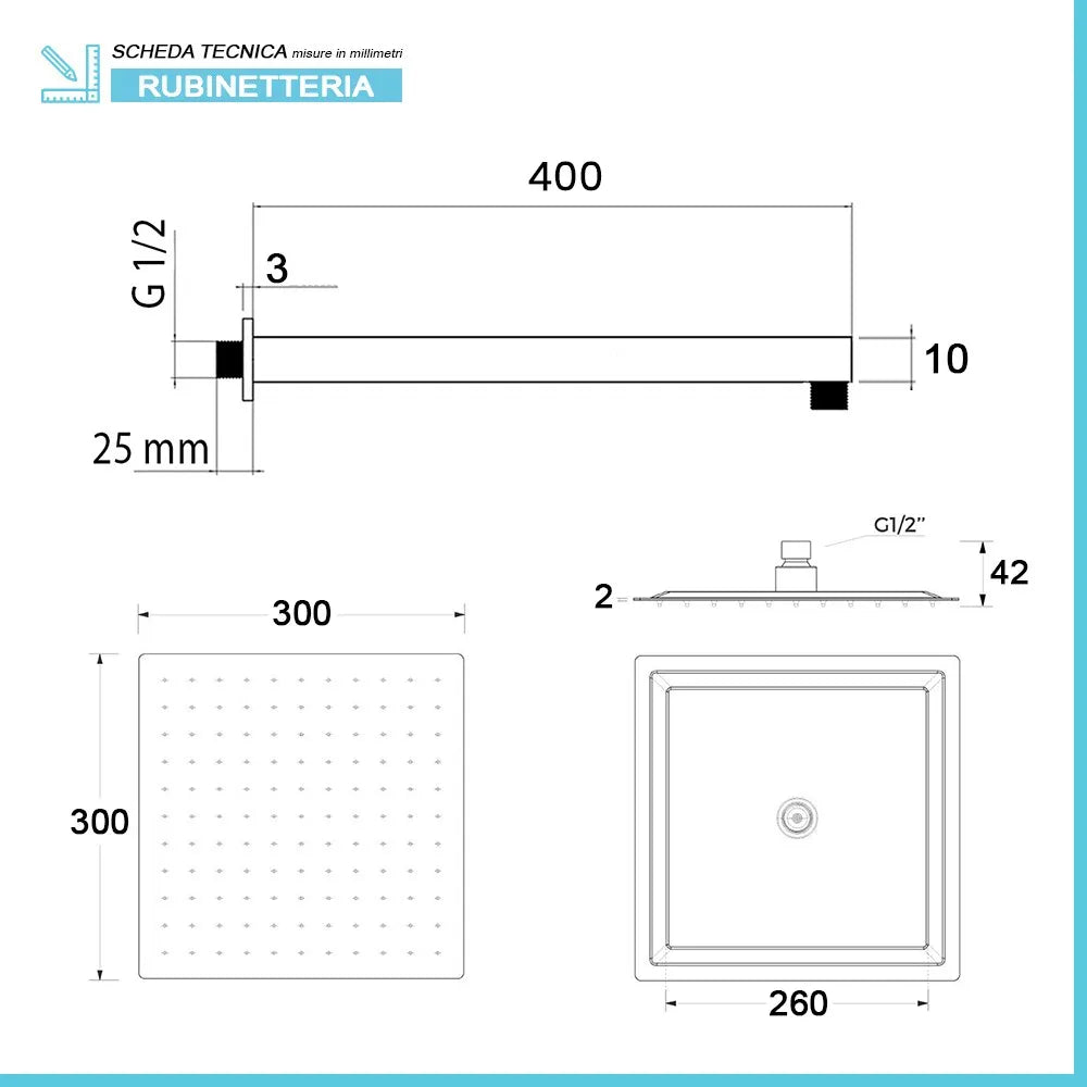 Set doccia da incasso con soffione 30 cm e kit completo nero opaco Lotus
