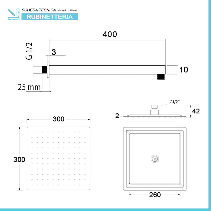 Set doccia da incasso con soffione 30 cm e kit completo nero opaco Lotus