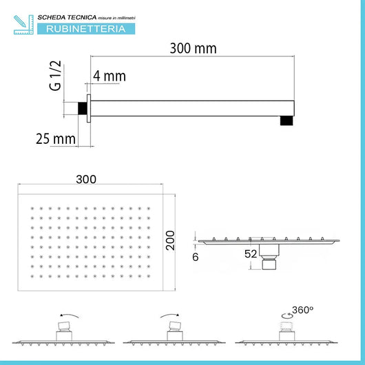 Set doccia da incasso con soffione 30x20 cm e kit doccia completo Lotus