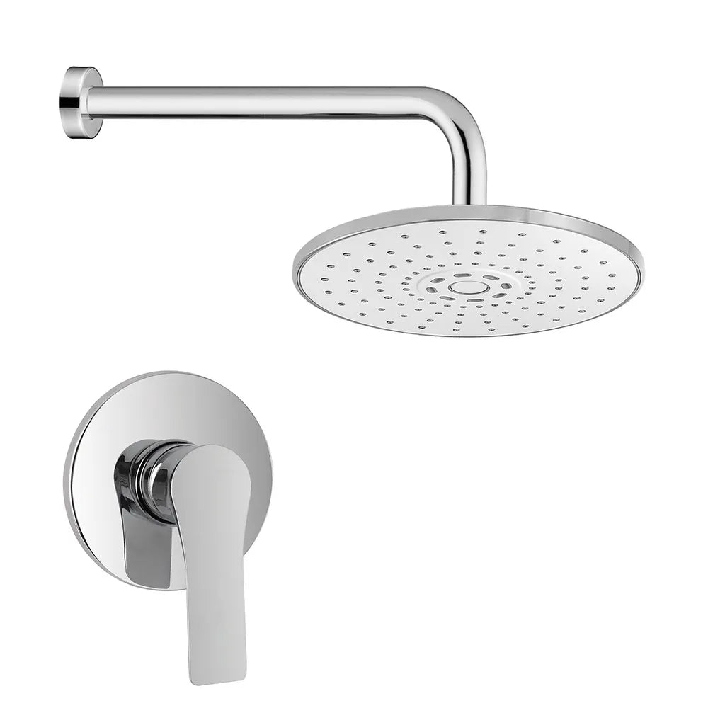 Set doccia completo di miscelatore a incasso con braccio doccia e soffione tondo Flat