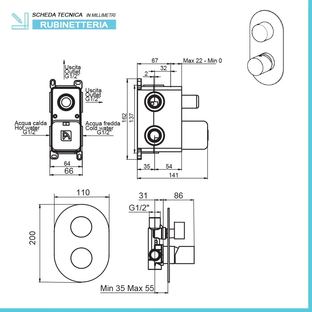 Set doccia incasso completo con soffione 20 inox e kit doccia  Gemma