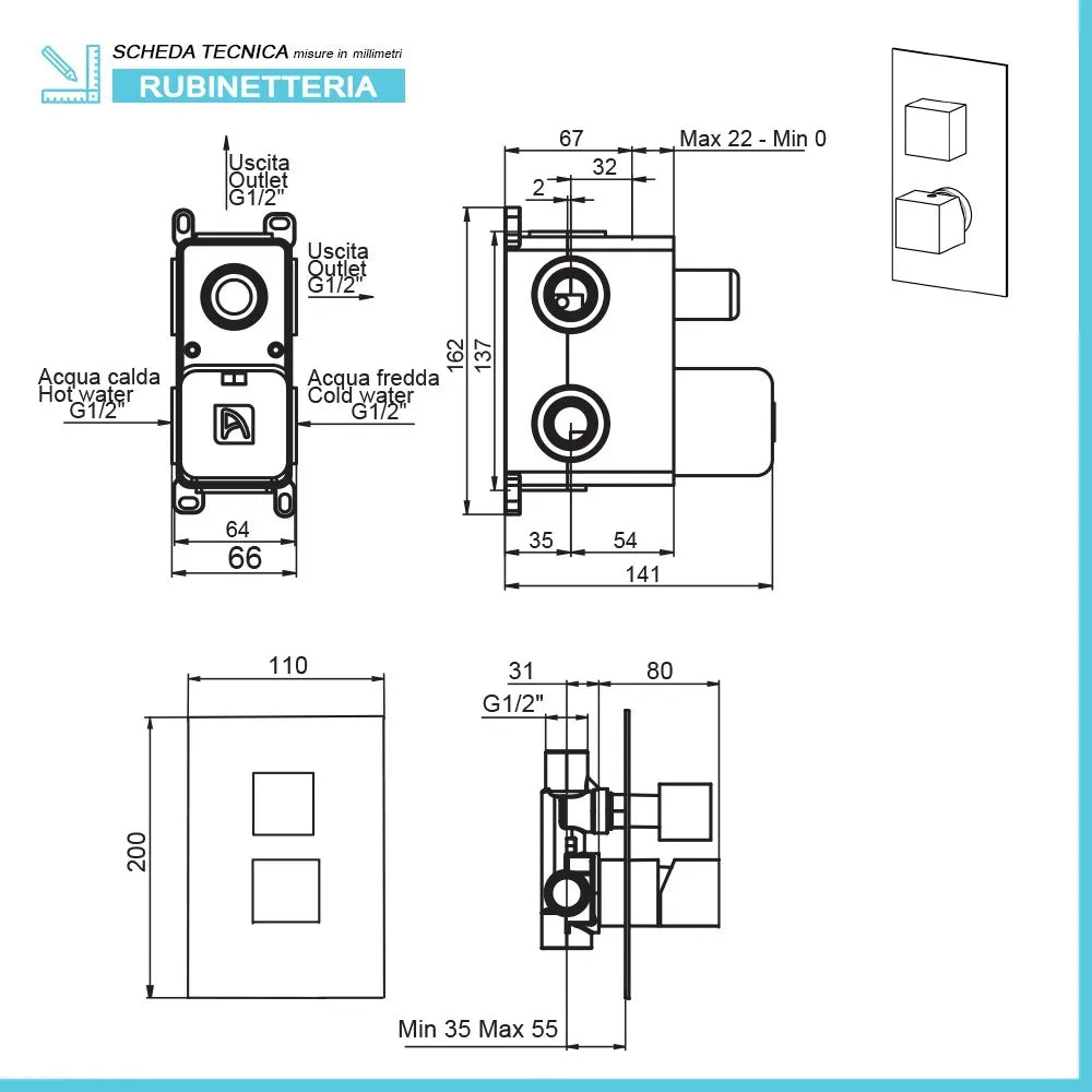 Set doccia incasso completo con soffione quadrato 25 e kit doccia  Torre