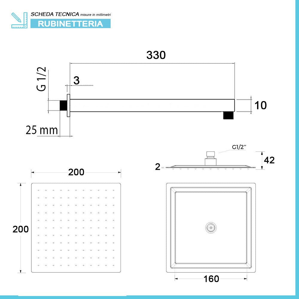 Set doccia incasso Kubo nero opaco con soffione 20 cm e kit doccia 