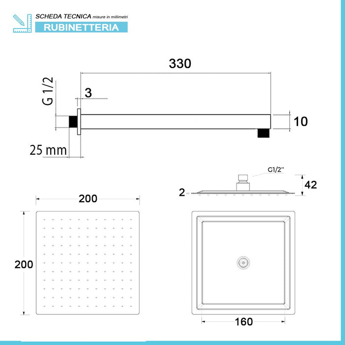 Set doccia incasso Kubo nero opaco con soffione 20 cm e kit doccia 