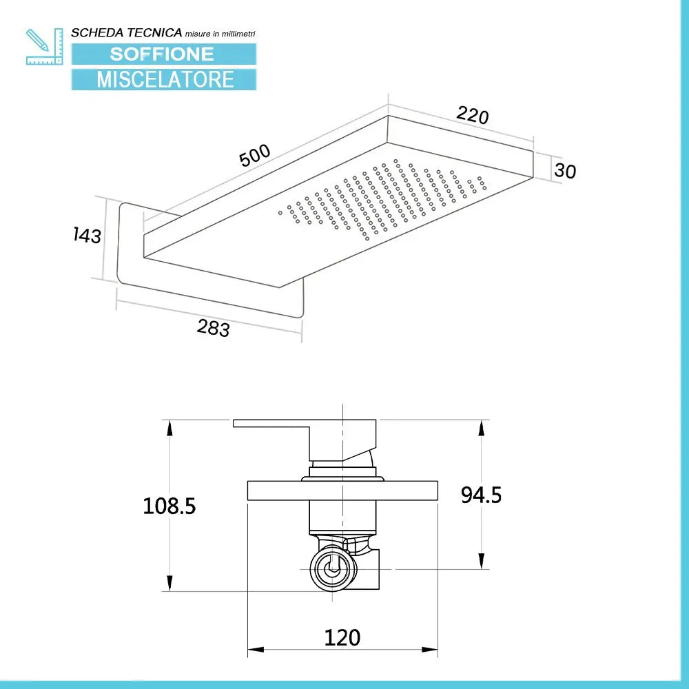 Set doccia incasso nero opaco Kubo soffione a sbalzo inox 22x50 cm