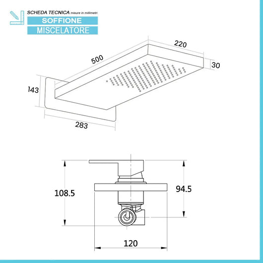 Set doccia incasso nero opaco Kubo soffione a sbalzo inox 22x50 cm