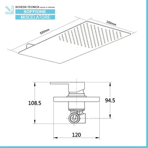 Set doccia incasso nero opaco Kubo soffione a sbalzo slim 25x52 cm