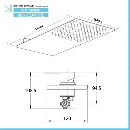 Set doccia incasso nero opaco Kubo soffione a sbalzo slim 25x52 cm