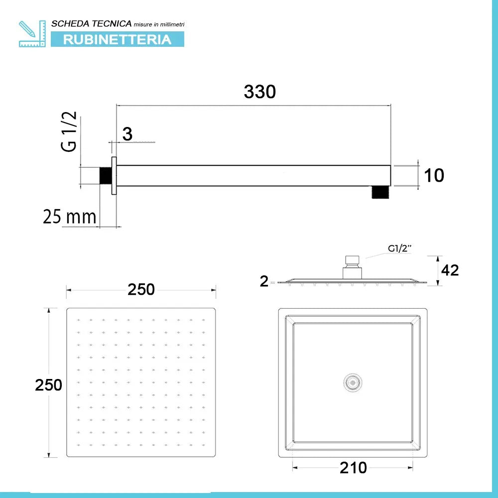 Set doccia nero opaco completo di soffione quadrato 25x25 cm e miscelatore incasso