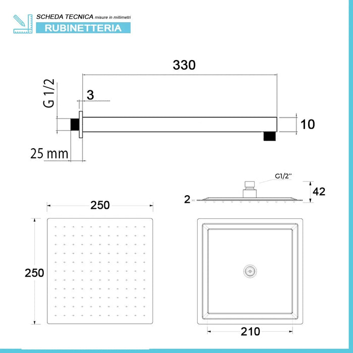 Set doccia nero opaco completo di soffione quadrato 25x25 cm e miscelatore incasso