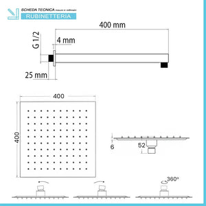 Set doccia nero opaco con braccio soffione quadrato 40x40 e kit doccia